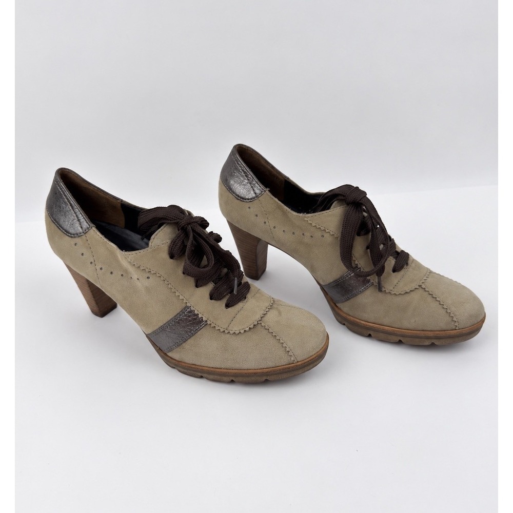 Paul Green Kelsey Oxford Heels Womens 7.5 Taupe Suede Lace Up Block Heel